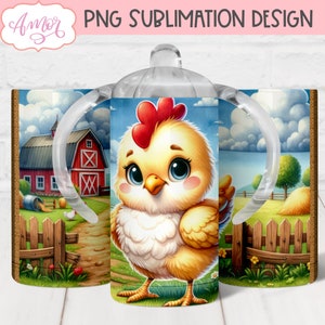 Lindo vaso de sublimación de taza para sorber de pollo, plantilla de vaso para sorber de animales de granja png para sublimación, plantilla de vaso personalizable para niños de 12 oz