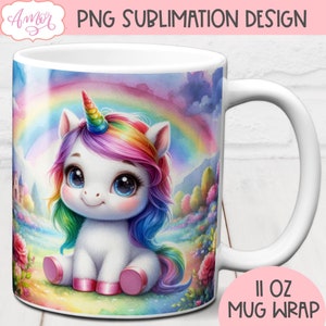 Emballage de tasse magique licorne pour sublimation, modèle de tasse aquarelle arc-en-ciel, conception de tasse à café colorée pour filles enfants mignon téléchargement immédiat