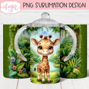 Bicchiere per sublimazione con tazza sippy Giraffe carino, modello tazza sippy con animali della giungla PNG per sublimazione, modello bicchiere da 12 once per bambini personalizzabile