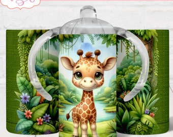 Cute Giraffe sippy cup sublimation tumbler, jungle animal sippy cup template PNG for sublimation, customizable kids 12oz tumbler template