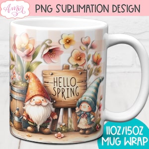 昇華用春のノームマグPNG、かわいい花柄11オンスマグラップ、Hello Springマグテンプレートデザインデジタルグラフィック15オンス即時ダウンロード