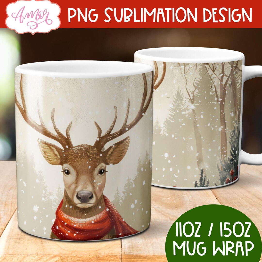 DIGITAL DOWNLOAD Cute Deer Mug Wrap PNG 3D Christmas 11oz Mug Template ...