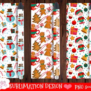 May include: Three sublimation designs featuring Christmas themes. The first design features a snowman and presents on a white background with red and green accents. The second design features gingerbread people and candy canes on a white background with red and green accents. The third design features elves and ornaments on a white background with red and green accents.