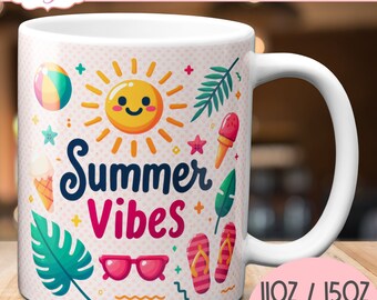 Summer vibes mok wrap PNG voor sublimatie, Zomerliefhebber koffiemok sjabloon voor 11oz mokken, Strandvakantie vakantie 15oz mok instant download