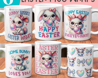 DIGITAL DOWNLOAD Cute Easter Bunny Mug Wrap BUNDLE Sublimation png Coquette easter coffee mug template for 11oz 15oz girls happy easter mug