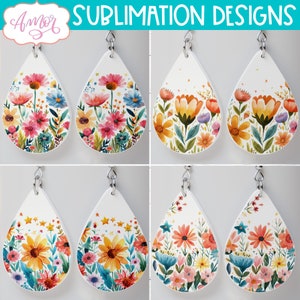 Lot de boucles d'oreilles fleurs sauvages PNG pour sublimation, modèle de boucles d'oreilles florales en forme de larme | Téléchargement instantané de conception numérique vierge de printemps aquarelle