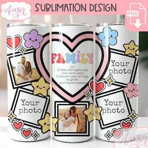 DESCARGA DIGITAL Envoltura de vaso con foto familiar PNG sublimación Marco de fotos de definición familiar Plantilla de vaso de 20 oz Collage de fotos personalizable