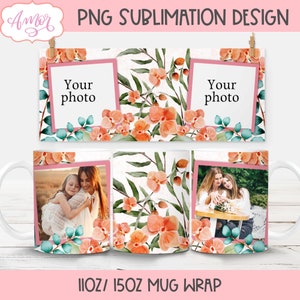Modelo de caneca com foto floral em aquarela para sublimação, envoltório de caneca com flores de orquídea para presentes personalizados, caneca com moldura personalizável, PNG