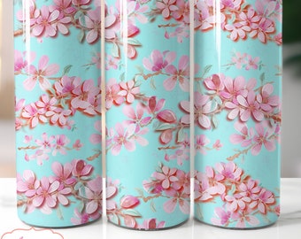 Teal Floral tumbler PNG for 20oz skinny tumbler sublimation design, cherry blossom tumbler template straight and tapered | Watercolor sakura