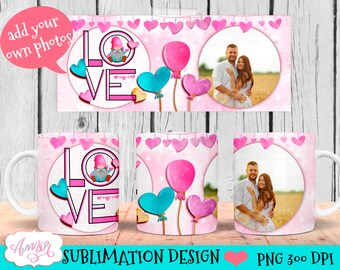 DIGITAL DOWNLOAD photo mug wrap PNG, Sublimation desing, Cute valentines day mug, Photo frame mug template, Customizable coffee mug file