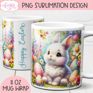 Niedliche Osterhase Mug Wrap PNG für Sublimation, Frühlingssublimationsdesign für Kaffeetasse, Ostereier Bechervorlage für 11 Unzen Becher