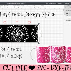 May include: A digital design for a 12-ounce mug featuring a white mandala pattern on a black background. The design is shown on a mock-up of a pink glitter mug. The text "Tested in Cricut Design Space" and "For Cricut 12OZ mugs" is also included in the image. The text "CUT FILE SVG-DXF-JPG-PNG" is at the bottom of the image.