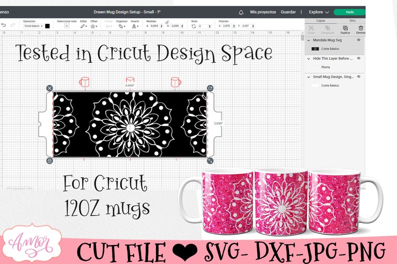 May include: A digital design for a 12-ounce mug featuring a white mandala pattern on a black background. The design is shown on a mock-up of a pink glitter mug. The text "Tested in Cricut Design Space" and "For Cricut 12OZ mugs" is also included in the image. The text "CUT FILE SVG-DXF-JPG-PNG" is at the bottom of the image.