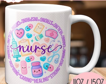 DIGITAL DOWNLOAD Cute Nurse mug sublimation wrap nurse coffee mug template PNG for 11oz 15oz cute kawaii coffee mug gift for Hospital nurse