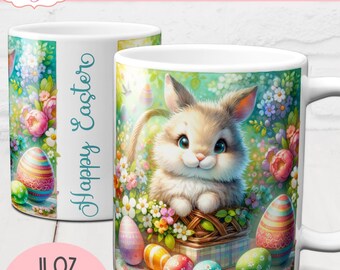Cute Easter Bunny Mug Wrap PNG for Sublimation, Spring Sublimation Design for coffee mug, Happy easter eggs Mug template for 11oz mugs