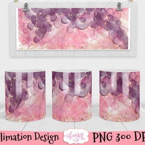 May include: Three sublimation design mugs with a pink and purple abstract design. The design features a pink background with purple swirls and gold glitter.