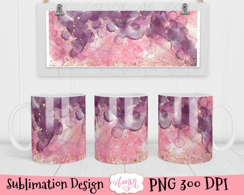 May include: Three sublimation design mugs with a pink and purple abstract design. The design features a pink background with purple swirls and gold glitter.