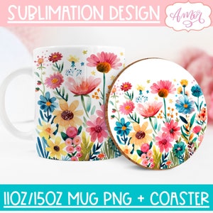 Wildflowers mug sublimation design, watercolor floral 11oz mug wraps png, Spring mug template designs digital download coaster graphic 15oz