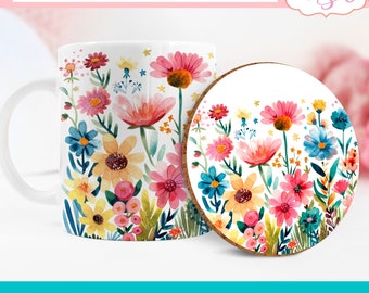 Conception de sublimation de tasse de fleurs sauvages, tasse florale aquarelle de 11 oz enveloppe png, modèle de tasse de printemps conçoit le graphique de sous-bock en téléchargement numérique 15 oz