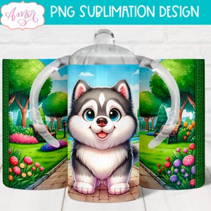 DESCARGA DIGITAL Lindo vaso para sorber con forma de husky, plantilla para vaso de 12 oz, diseño de envoltura para vaso personalizable para niños, diseño de animal bebé PNG