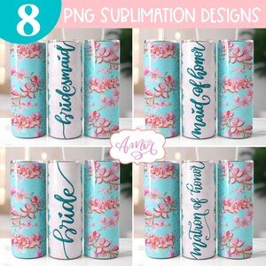 Bundle Teal Hochzeit Becher Wraps PNG für Sublimation, Braut Becher Vorlage, rosa Kirschblüte Blumen Junggesellinnenabschied, Glitter