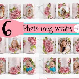 Paquete de 6 plantillas de tazas con fotografías florales para sublimación, plantillas de tazas de café personalizables para el día de la madre, agregue sus propias imágenes 11oz 15oz