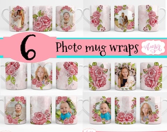 Bundle of 6 floral photo mug templates for sublimation, customizable coffee mug templates for mothers day, add your own pictures 11oz 15oz