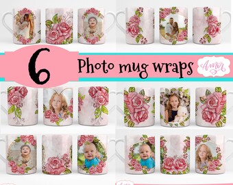 May include: Six white ceramic mugs with photo templates featuring pink roses and gold accents. The mugs are arranged in three rows of two. The text "6 Photo mug wraps" is displayed above the mugs. The word "Amor" is written in cursive in the top right corner.