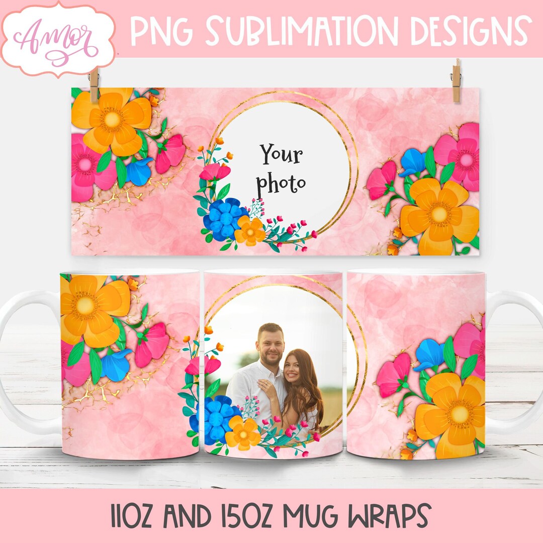 Add Your Own Picture Mug Template for Sublimation, Floral Full Mug Wrap ...
