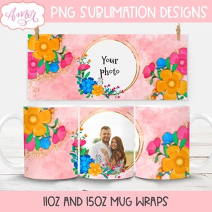 Adicione seu próprio modelo de caneca com imagem para sublimação, envoltório floral completo para caneca, caneca de café personalizável Modelo imprimível em PNG, caneca personalizada png
