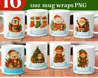 BUNDLE Christmas Mug Wrap, Custom Christmas mug png, Festive coffee mug png, add your name mug template, kids christmas mug designs bundle