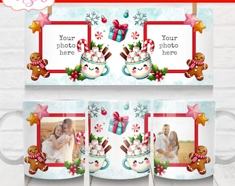 DIGITALE DOWNLOAD Kerst foto mok wrap PNG aangepaste foto koffiemok sjabloon fotolijst familie mok leuke warme chocolademelk 11oz mok wrap ontwerp