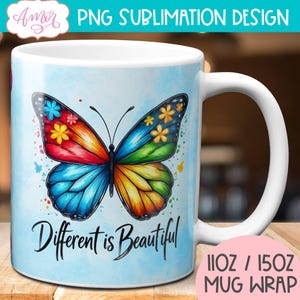 DIGITALE DOWNLOAD Autisme bewustzijn mok wrap sublimatie ontwerp Different is beautiful 11oz koffiemok sjabloon kleurrijke vlinder autisme mok