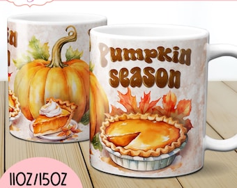 Tazza da 11 once stagione zucca per sublimazione, tazza autunnale da 15 once modello download digitale acquerello autunno PNG design stagione ottobre retrò
