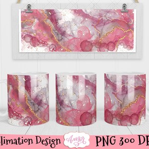 May include: Sublimation design featuring a pink and gold abstract pattern with a marble effect. The design is shown on a white mug.