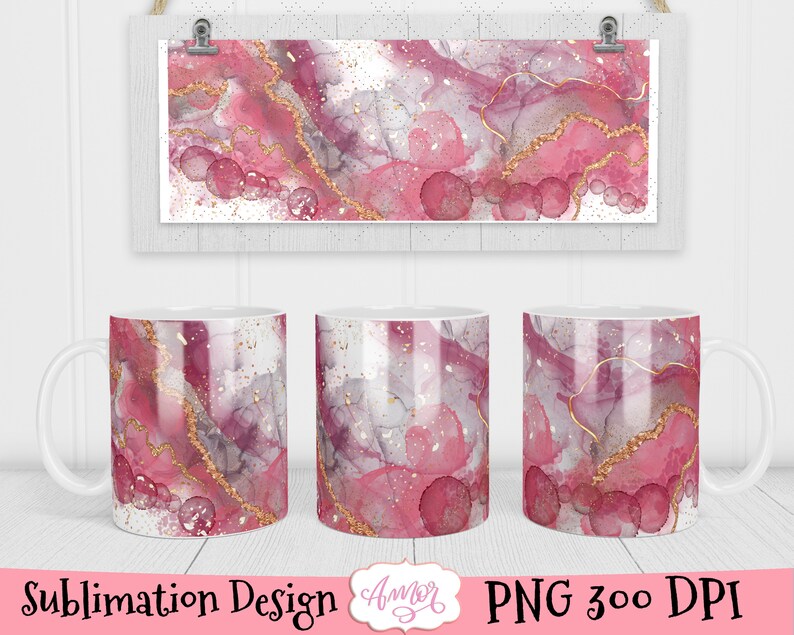 May include: Sublimation design featuring a pink and gold abstract pattern with a marble effect. The design is shown on a white mug.