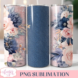 Embalagem para copo floral azul marinho e blush, PNG personalizável para design de sublimação de copo fino de 20 onças, download digital de modelo de copo rosa