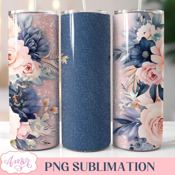 Navy and blush floral tumbler wrap, Customizable PNG for 20oz skinny tumbler sublimation design, pink tumbler template digital download