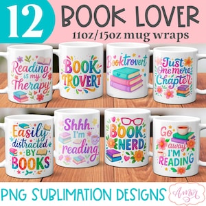 May include: A set of 12 white ceramic mugs with book-themed designs. Each mug has a different quote about reading, including "Booktrovert" and "Just One More Chapter." The mugs are decorated with colorful illustrations of books, flowers, and related elements.