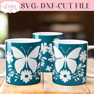Fichiers SVG de tasse papillon pour cricut, enveloppe de tasse florale feuilles d’encre infusible SVG, modèle de presse de tasse cricut, fichier coupé de modèle de tasse cricut 12oz