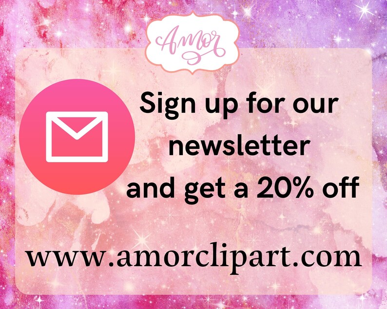 Puede incluir: Fondo de acuarela rosa y morado con estrellas blancas. Un icono de sobre blanco en un c&iacute;rculo rosa con el texto "Reg&iacute;strate en nuestro bolet&iacute;n y obt&eacute;n un 20% de descuento www.amorclipart.com"