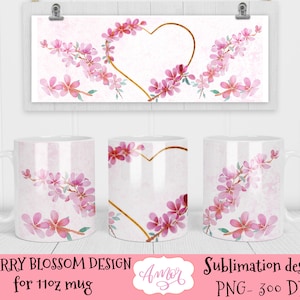 Design personnalisable par sublimation de tasse florale de 11 oz, emballages de tasse png, conception de fleurs à l'aquarelle PNG, conception de modèle de tasse à café fleurs de cerisier,