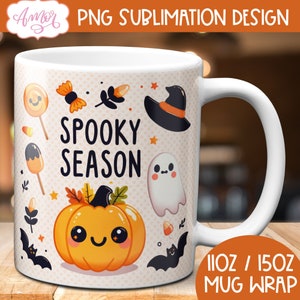 Puede incluir: Taza de cer&aacute;mica blanca con un dise&ntilde;o de Halloween. La taza presenta una calabaza, un fantasma, un sombrero de bruja, ma&iacute;z dulce y el texto "Spooky Season". La taza es de 11 oz o 15 oz y es una envoltura de taza.