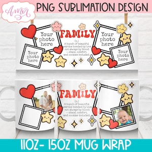 DOWNLOAD DIGITAL Adicione suas próprias fotos, modelo de caneca de família, caneca de café personalizada, caneca de 11 oz, design de envoltório de sublimação, definição de família fofa