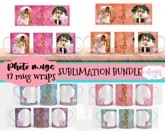 May include: Twelve sublimation designs for 11 oz mugs featuring a pink, blue, and green watercolor background with gold glitter and the word "love" in gold script. Each design includes a circular photo space and floral accents.
