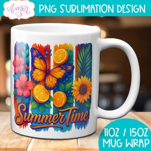 DIGITALE DOWNLOAD Zomertijd mok wrap sublimatie PNG zomer koffiemok sjabloon voor 11oz mokken vlinder vakantie vakantie 15oz mok ontwerp