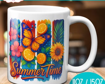 DIGITALE DOWNLOAD Zomertijd mok wrap sublimatie PNG zomer koffiemok sjabloon voor 11oz mokken vlinder vakantie vakantie 15oz mok ontwerp