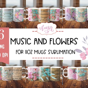 Florale Tasse Wrap Bundle Set von 6, Musik Note Tasse Sublimation Bundle, Kaffee Tasse Png für Sublimation für Frauen, Musik Lehrer Geschenk, Pflanze Mama