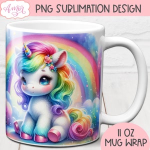 Emballage de tasse magique licorne pour sublimation, modèle de tasse aquarelle arc-en-ciel, conception de tasse à café colorée pour filles enfants mignon téléchargement immédiat