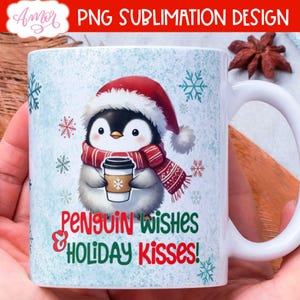 DESCARGA DIGITAL Envoltura de taza de Navidad de invierno sublimación PNG linda plantilla de taza de café de pingüino Taza de 11 oz png Taza de deseos de pingüino temporada navideña